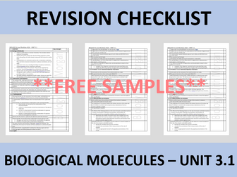 A Level Biology Revision Checklist Biological Molecules (UNIT 3.1)