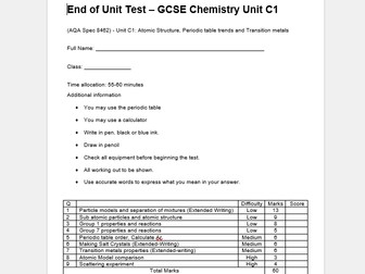 AQA GCSE CHEMISTRY C1 Test and Mark Scheme - Past paper exam questions