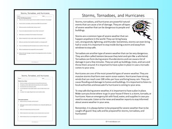 Storms, Tornadoes, and Hurricanes Reading Comprehension Passage Printable Worksheet