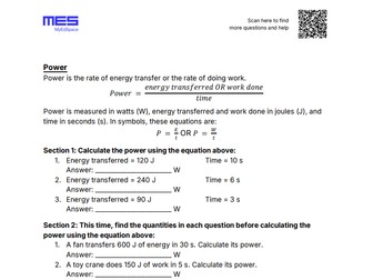 GCSE Physics AQA FT Topic 1: Energy - Power Worksheet