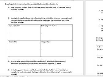 Knowledge tests: USA History - Boom, Bust and Recovery: Edexcel.