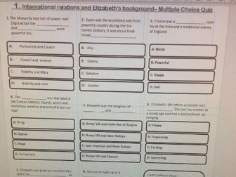 Elizabethan England 1568-1603 Multiple Choice Quizzes for the whole unit and answers.