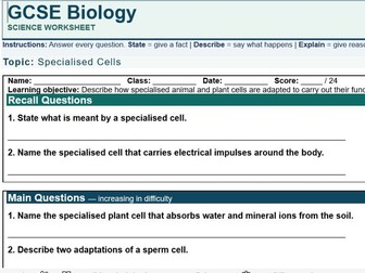 AQA GCSE Biology Specialised Cells Worksheet with Answers | KS4 Cell Biology