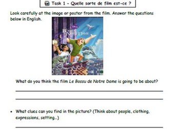 KS3 French Film Worksheet – Le Bossu de Notre Dame (Disney) + Teacher Copy
