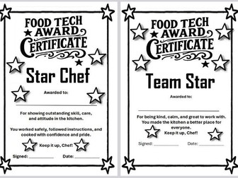 Free KS3 Food Tech Certificates: Star Chef & Team Star Awards, Zine Style