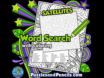 Satellites Word Search Puzzle Activity with Colouring | Outer Space Wordsearch