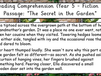 UKS2 Fiction Reading Comprehension - The Secret in the Garden (aimed at Year 5 and Year 6)