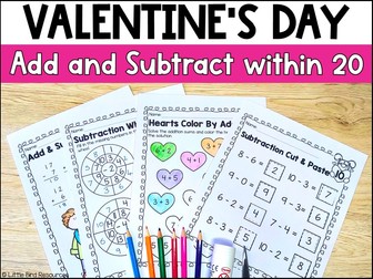 Valentine's Day Addition and Subtraction within 20 Worksheets No Prep February Math