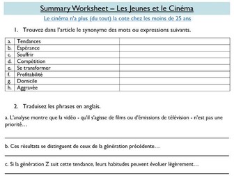 A Level French Summary Worksheet - Le Cinéma