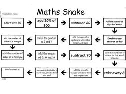 Mixed Arithmetic Puzzle - Maths Snake 20 worksheets and answers