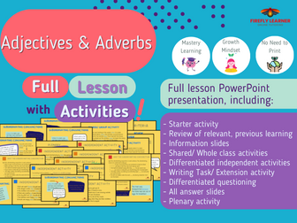 Adjectives and Adverbs - Full Grammar Lesson PowerPoint + Activities (No Printing Required)