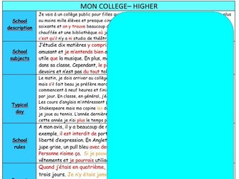 French GCSE differentiated knowledge organisers/model texts on School (W./S.)