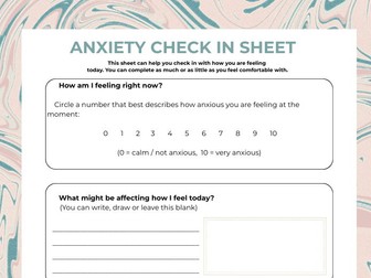 Anxiety Check In Sheet for Secondary Students | Pastoral & Wellbeing Resources