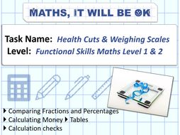 FS Maths Money Level 1 and 2 Exam Style - Health Cuts and Weighing Scales