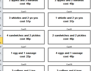 Simultaneous Equations card activity - Find the cost of each of the items using principles of SE